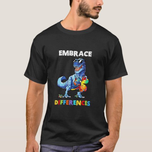 Autism Dinosaur Embrace Differences Shamrock Puzzl T_Shirt