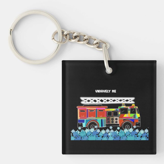 Autism Firetruck puzzle pieces Keychain (Front)