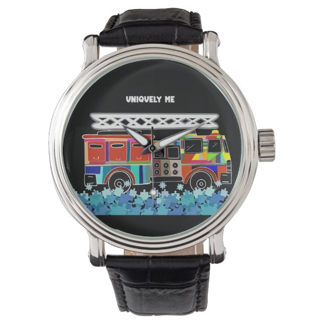 Autism Firetruck puzzle pieces Watch (Front)