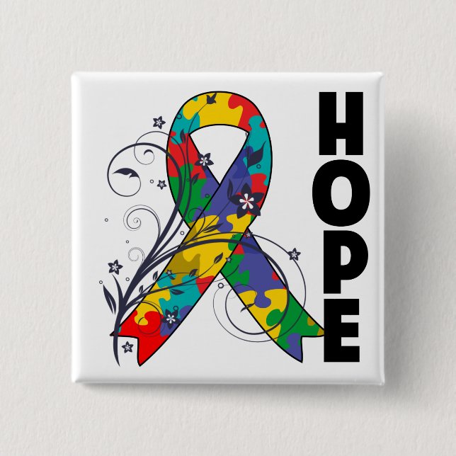 Autism Floral Hope Ribbon Pinback Button (Front)