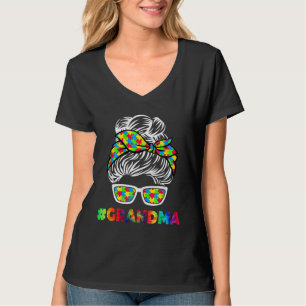 Autism Grandma Messy Bun Sunglasses Bandana Mother T-Shirt