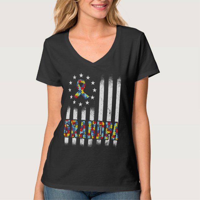 Autism Grandpa American Flag Awareness Family Matc T-Shirt (Front)