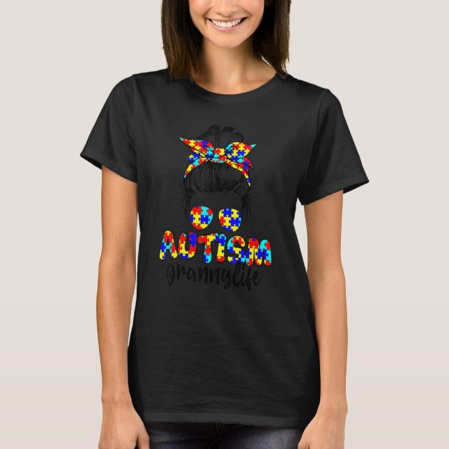 Autism Granny Messy Bun Sunglasses Bandana Autism  T-Shirt (Front)