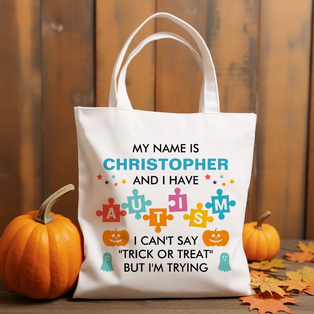 Autism Halloween Trick Or Treat Personalized Name Tote Bag (Creator Uploaded)