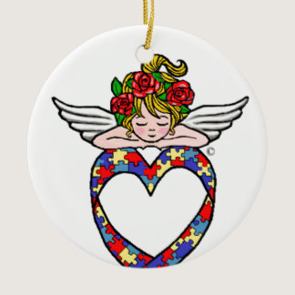 Autism Heart Ribbon Angel Ceramic Ornament