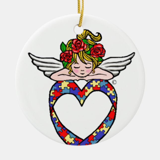 Autism Heart Ribbon Angel Ceramic Ornament (Front)