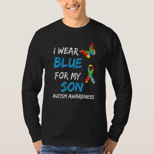 Autism I Wear Blue For My Son Awareness Puzzle Rib T_Shirt