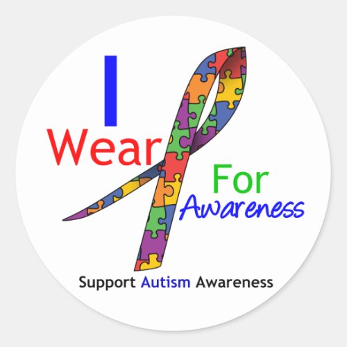 Autism I Wear Puzzle Ribbon For Awareness Classic Round Sticker