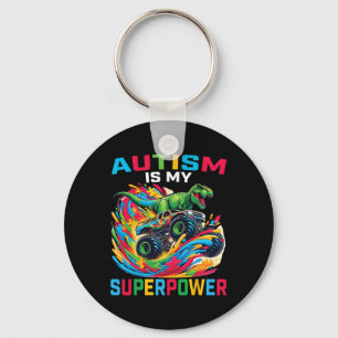 Autism Is My Superpower Dino T Rex Monster Truck K Keychain
