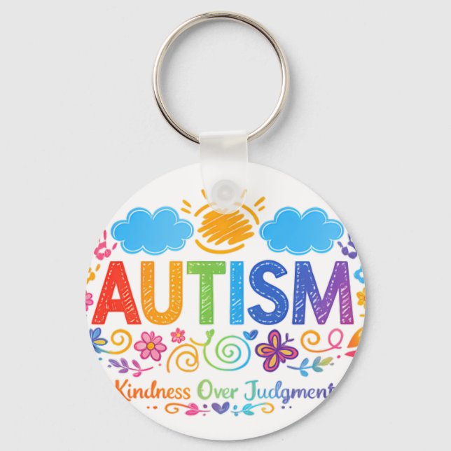 Autism Kindness Love Rainbow Handprints Sun Cloud Keychain (Front)