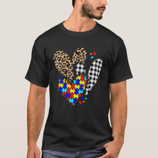 Autism Leopard Plaid Buffalo Heart Autism Awarenes T-Shirt