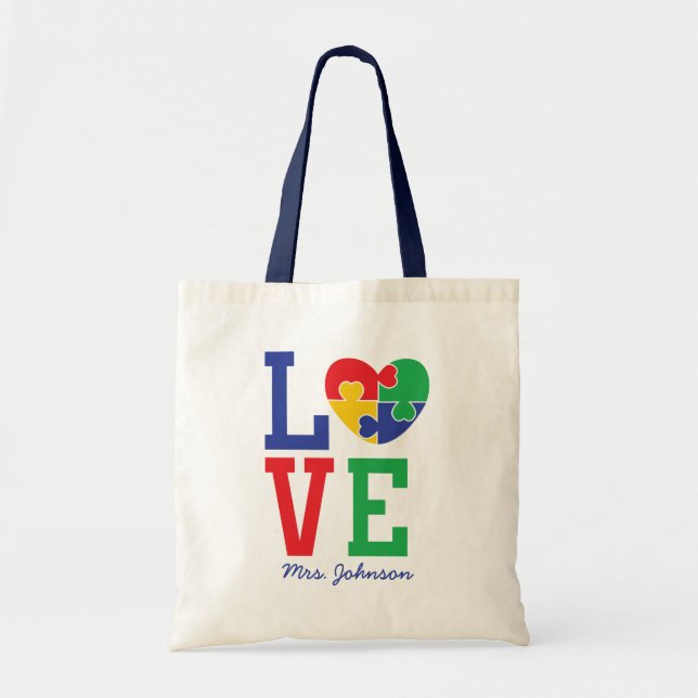 Autism Love | Cute Puzzle Piece Heart Teacher Tote Bag (Front)