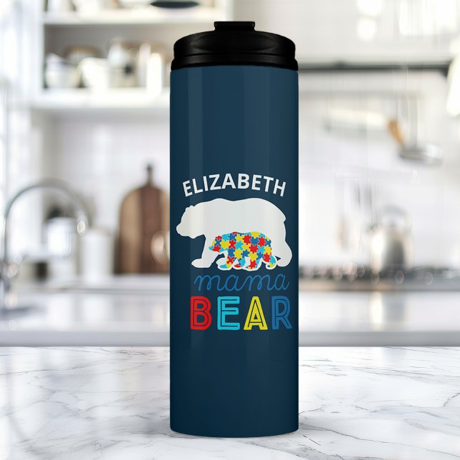 Autism Mama Bear And Cub Puzzle Piece Personalized Thermal Tumbler (Creator Uploaded)
