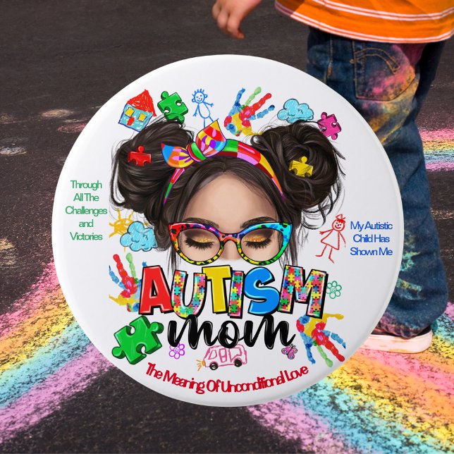 "Autism Mom" - Autism Awareness Button (Adorn your day with pride and strength as an 'Autism Mom' with our vibrant custom button.)