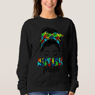 Autism Mom Awareness Messy Bun Puzzle Piece Mother Sweatshirt