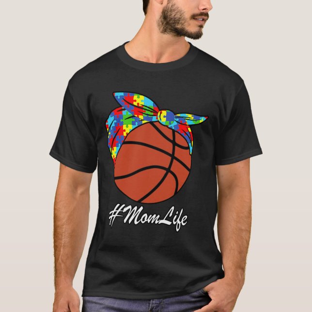 Autism Mom Basketball Messy Bun Autism Awareness T-Shirt (Front)