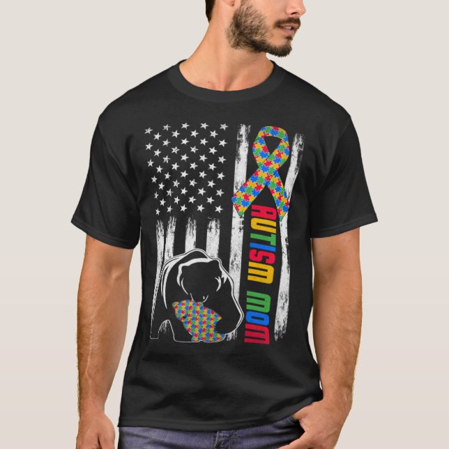 Autism Mom Bear USA Flag Family Matching Autism Aw T-Shirt (Front)