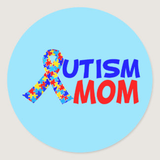 Autism Mom Blue Red Awareness Ribbon Classic Round Sticker