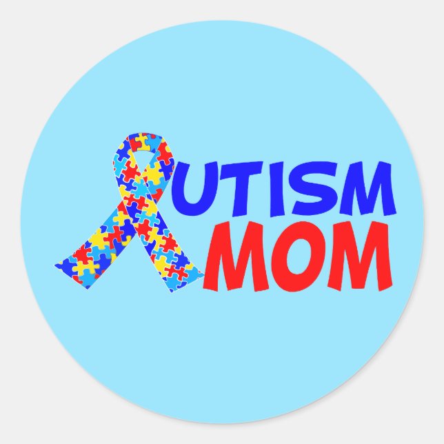 Autism Mom Blue Red Awareness Ribbon Classic Round Sticker (Front)
