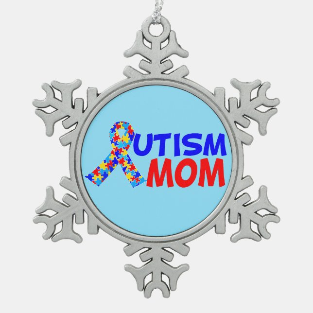 Autism Mom Blue Red Awareness Ribbon Snowflake Pewter Christmas Ornament (Front)