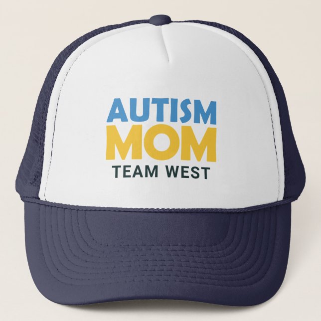 Autism Mom Blue Yellow Personalized Team Name Trucker Hat (Front)