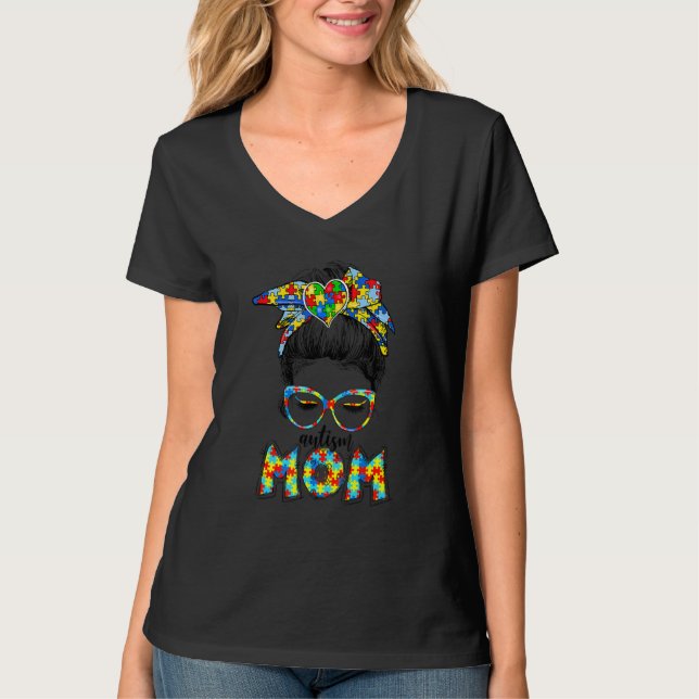 Autism Mom Child Messy Bun Awareness April And Mot T-Shirt (Front)