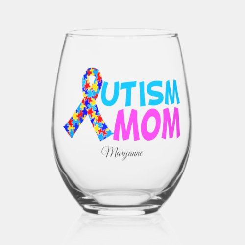 Autism Mom Cute Personalized Mothers Day Gift Stemless Wine Glass