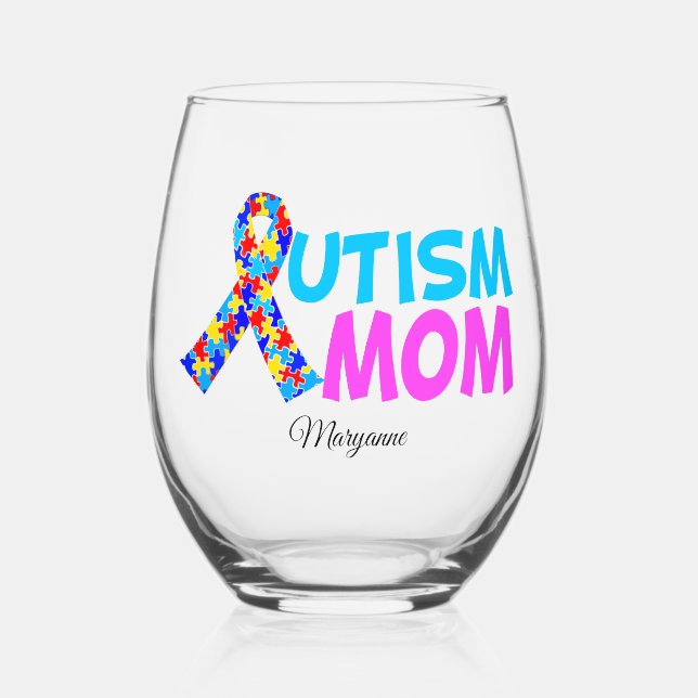 Autism Mom Cute Personalized Mother's Day Gift Stemless Wine Glass (Front)