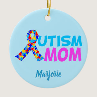 Autism Mom Cute Pink Blue Monogram Mother's Day Ceramic Ornament