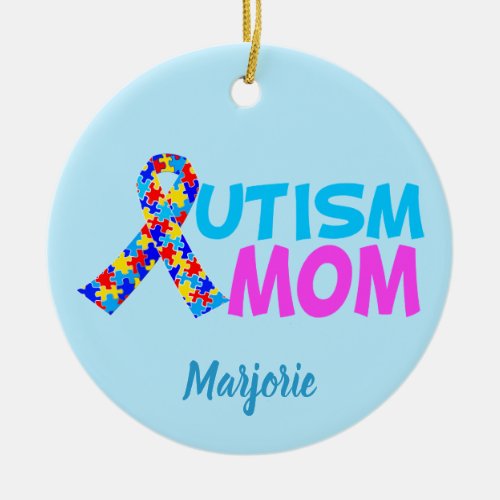 Autism Mom Cute Pink Blue Monogram Mothers Day Ceramic Ornament