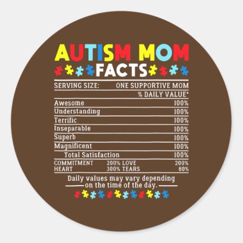 Autism Mom Facts One Supportive Mom Awareness Classic Round Sticker