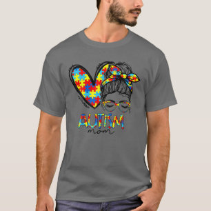 Autism Mom Heart Messy Bun Sunglasses Bandana Moth T-Shirt