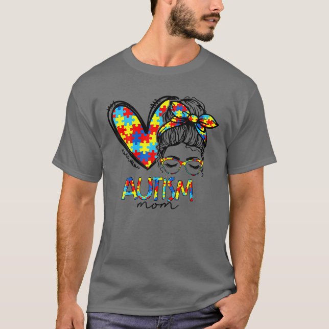 Autism Mom Heart Messy Bun Sunglasses Bandana Moth T-Shirt (Front)