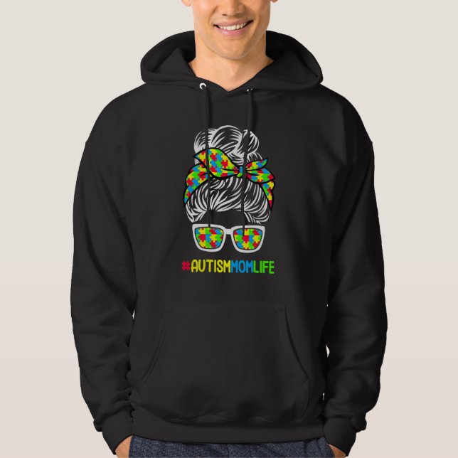 Autism Mom Life Awareness Messy Bun Puzzle Piece M Hoodie (Front)