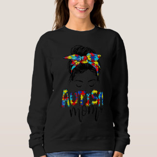 Autism Mom Messy Bun Hair Autism Awareness Puzzle  Sweatshirt