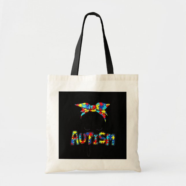 Autism Mom Messy Bun Hair Autism Awareness Puzzle Tote Bag (Front)