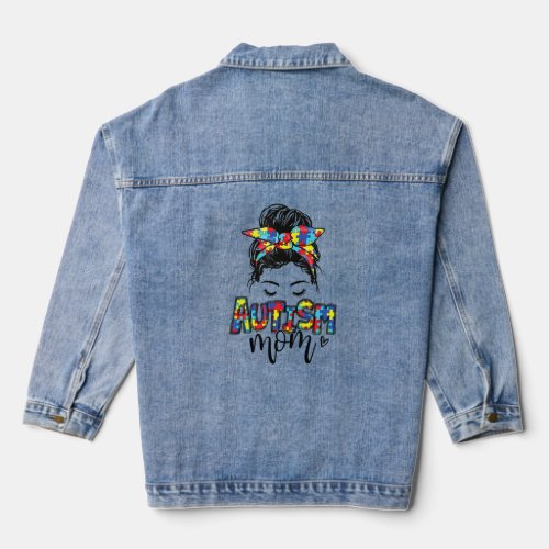 Autism Mom Messy Bun Hair Puzzle Mothers Day Funn Denim Jacket