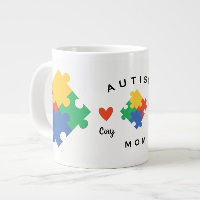 Autism Mom Personalized with Two Childs Name Giant Coffee Mug (Front Left)