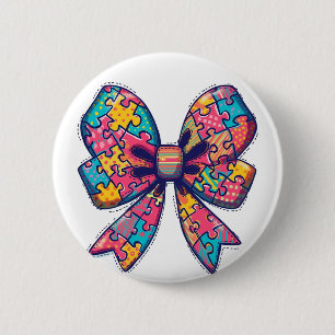 Autism Mom Puzzle Piece Coquette Bow Ribbon Autism Button