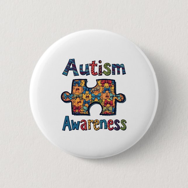 Autism Mom Puzzle Piece Coquette Bow Ribbon Autism Button (Front)