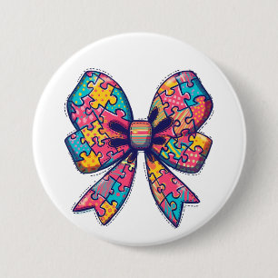 Autism Mom Puzzle Piece Coquette Bow Ribbon Autism Button