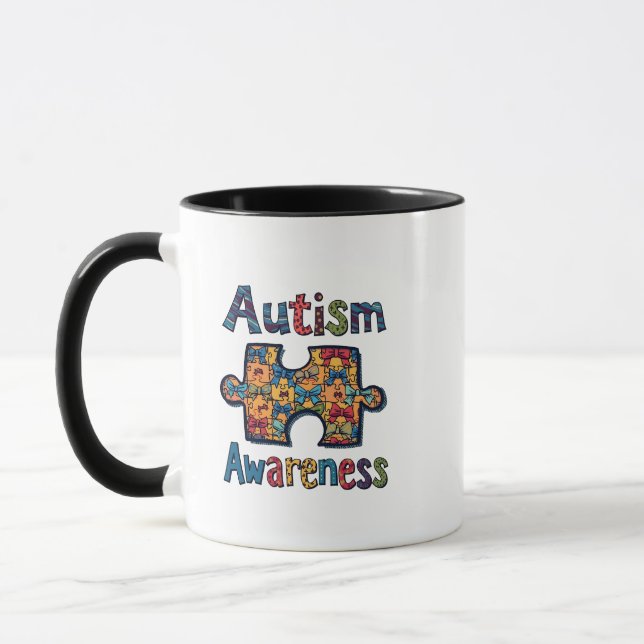 Autism Mom Puzzle Piece Coquette Bow Ribbon Autism Mug (Left)