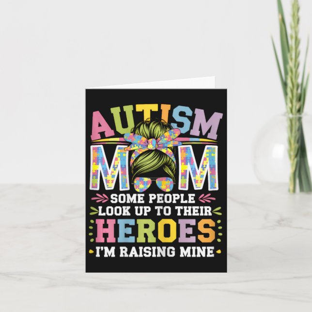 Autism Mom Raising Hero Groovy Messy Bun Autism Aw Card (Front)