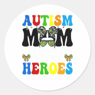 Autism Mom Raising Hero Groovy Messy Bun Autism Aw Classic Round Sticker
