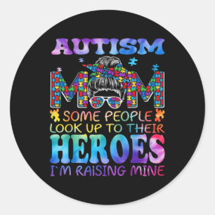 Autism Mom Raising Hero Groovy Messy Bun Autism Aw Classic Round Sticker