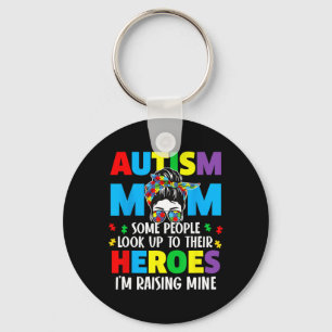 Autism Mom Raising Hero Groovy Messy Bun Autism Aw Keychain