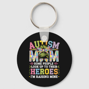 Autism Mom Raising Hero Groovy Messy Bun Autism Aw Keychain