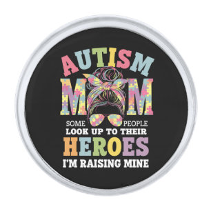 Autism Mom Raising Hero Messy Bun Autistic Silver Finish Lapel Pin