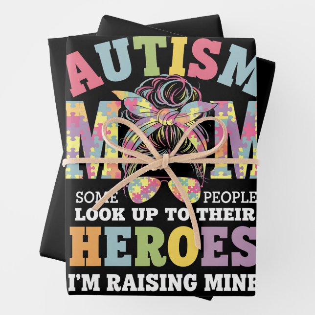 Autism Mom Raising Hero Messy Bun Autistic Wrapping Paper Sheets (In situ)