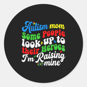 Autism mom raising my hero groovy retro puzzle classic round sticker
